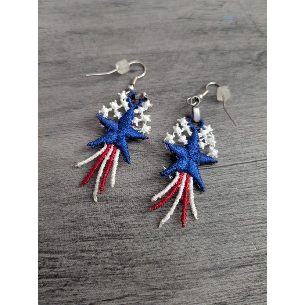 Patriotic Embroidered Shooting Star Drop Earrings Red White Blue Firework July 4